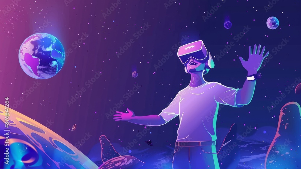 Obraz premium Metaverse people, banner of couple, man and woman wearing virtual reality headsets, exploring immersive VR world, playing ar online game together