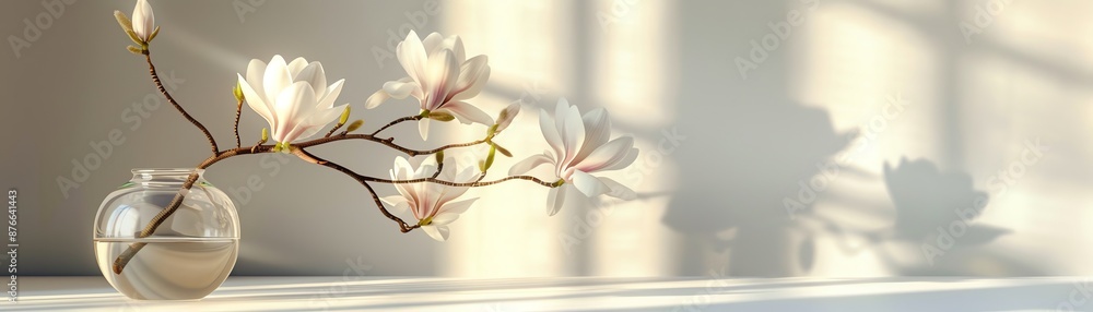 A delicate magnolia flower stands elegantly in a clear glass vase on a white table, creating a minimalist aesthetic A delicate magnolia flower stands elegantly in a clear glass vase on a white table, creating a minimalist aesthetic