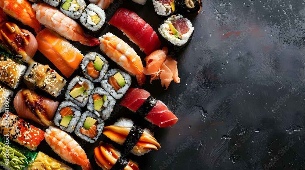Array of sushi rolls and sashimi. Japanese cuisine selection. Food photography backdrop. Top view with copy space Array of sushi rolls and sashimi. Japanese cuisine selection. Food photography backdrop. Top view with copy space