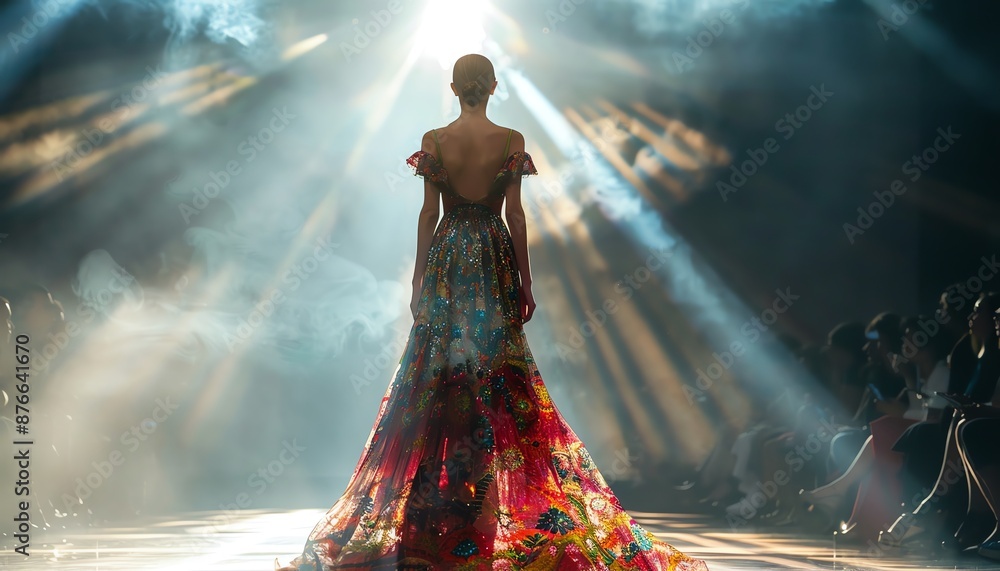 Fashion model walking on the runway in a lively dress during a fashion show event Fashion model walking on the runway in a lively dress during a fashion show event
