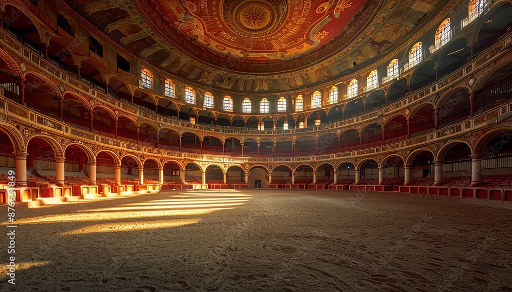 Obraz premium The majestic interior of a historic bullring, showcasing the sweeping curves of seating tiers and the sandy arena floor