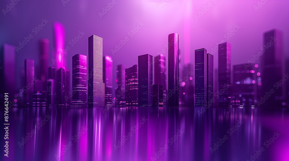 Futuristic cityscape reflecting in water with purple and pink lights Futuristic cityscape reflecting in water with purple and pink lights