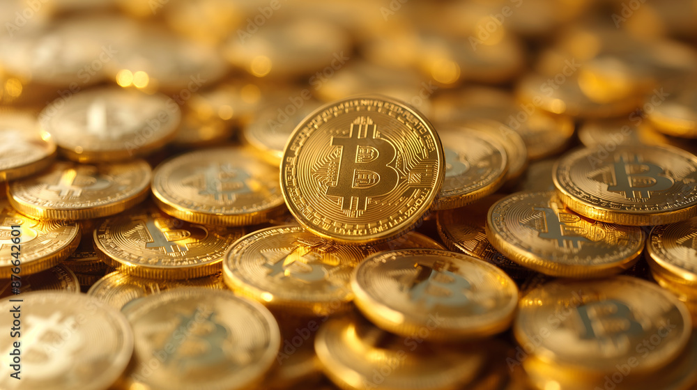 Bitcoin cryptocurrency standing out from the crowd of gold coins Bitcoin cryptocurrency standing out from the crowd of gold coins