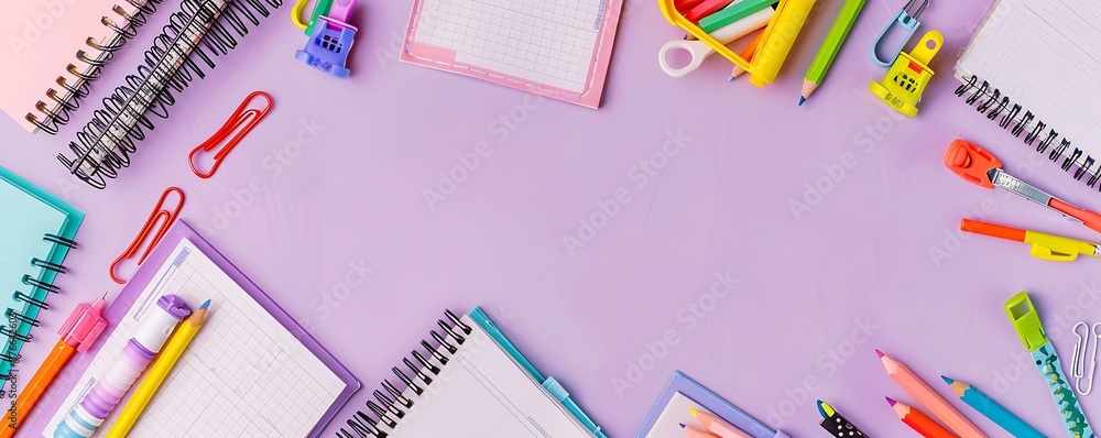 Flat lay of colorful school supplies on pastel purple background, ample copy space. Stationery and writing tools for kids. Flat lay of colorful school supplies on pastel purple background, ample copy space. Stationery and writing tools for kids.