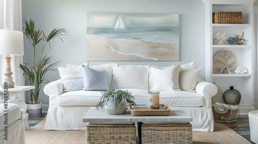 Coastal living room with white slipcovered sofa, beach-themed art ...