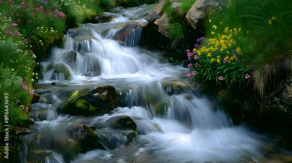 Crystal-clear mountain stream cascading over smooth stones, with vibrant green moss and wildflowers on the banks, creating a tranquil scene