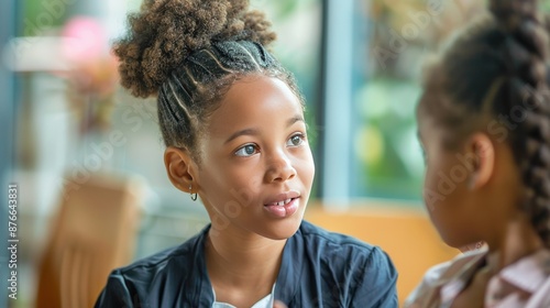 Two young girls are sitting at a table, one of them wearing a black jacket