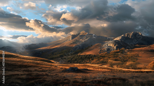 Dramatic clouds illuminated by a setting autumn sun, casting long shadows on a rugged mountain range © Pretty Panda