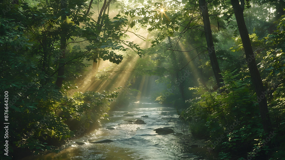 Obraz premium Early morning mist over a dense forest with sun rays piercing through the trees and a peaceful stream flowing through the greenery