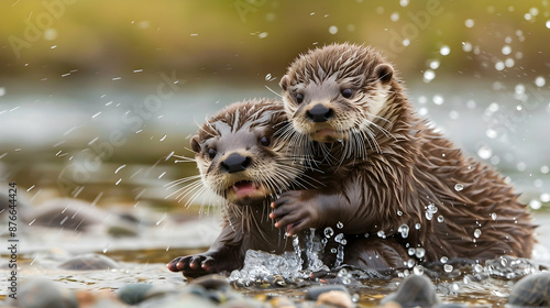 Energetic baby otters playing by lake. Playful pups splashing and cuddling on pebbled shore © Pretty Panda
