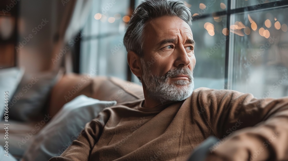 Fototapeta premium A man with a beard and gray hair is sitting on a couch looking out the window