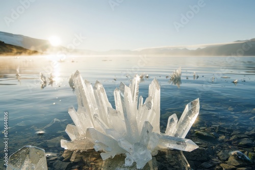 Enormous crystals emerging from the depths of a crystal-clear lake, Generative AI photo