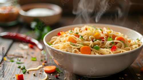 Hot steaming noodles in white bowl on wooden table. Cooked with carrots, pepper, cabbage, healthy meal preparation