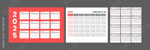 editable minimal calendar design 2025. Week starts on Sunday. Place for notes. Minimalist trendy design for desktop design calendar planner.