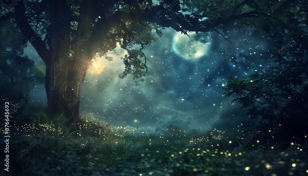 Magical fantasy fairy tale scenery, night in a forest Magical fantasy fairy tale scenery, night in a forest