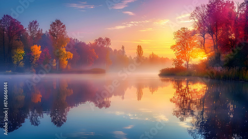 Magnificent dawn over a serene lake with reflections of colorful autumn trees