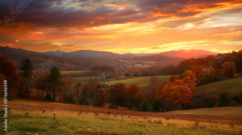 Majestic autumn sky ablaze with hues of orange and red over rolling hills and a tranquil countryside