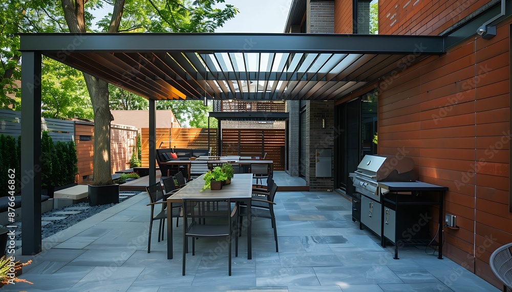 Modern patio furniture include a pergola shade structure, an awning, a patio roof, a dining table, seats, and a metal grill Modern patio furniture include a pergola shade structure, an awning, a patio roof, a dining table, seats, and a metal grill