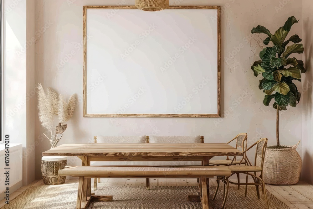 Rustic Chic Dining Room with Bench, Chairs, and Wooden Table Against Beige Wall - Farmhouse Boho Interior Design Rustic Chic Dining Room with Bench, Chairs, and Wooden Table Against Beige Wall - Farmhouse Boho Interior Design
