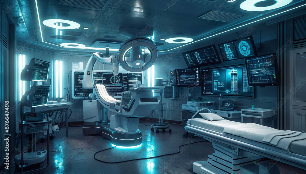 Futuristic operating room with advanced medical equipment and neon lighting high-tech surgery artificial intelligence innovation Futuristic operating room with advanced medical equipment and neon lighting high-tech surgery artificial intelligence innovation