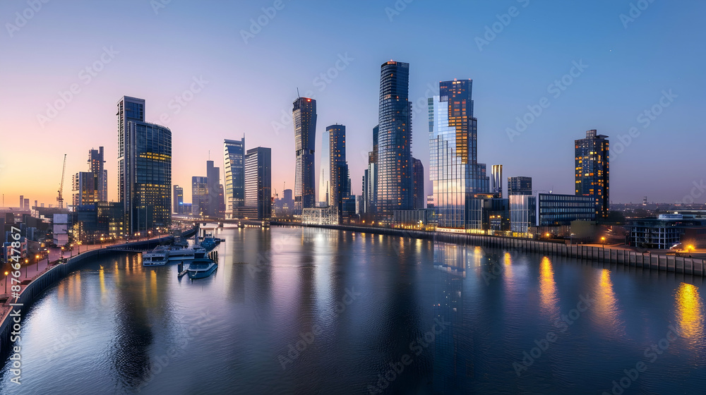 custom made wallpaper toronto digitalModern cityscape with sleek glass skyscrapers and waterfront promenades along a bustling river, illuminated by city lights at dusk