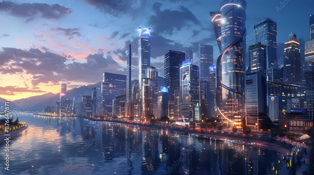Fototapeta premium Modern cityscape with sleek glass skyscrapers and waterfront promenades along a bustling river, illuminated by city lights at dusk