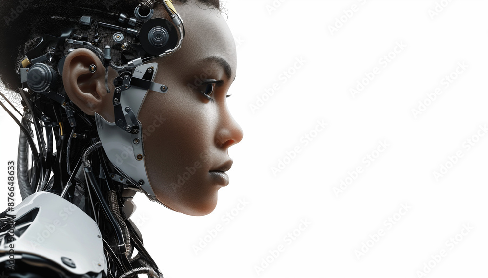 Profile of futuristic black humanoid robot with exposed circuits advanced technology artificial intelligence cybernetic design Profile of futuristic black humanoid robot with exposed circuits advanced technology artificial intelligence cybernetic design