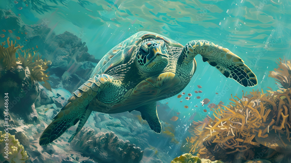 Fototapeta premium Olive Ridley turtle in turquoise waters, nibbling on seaweed near a coral-covered rock