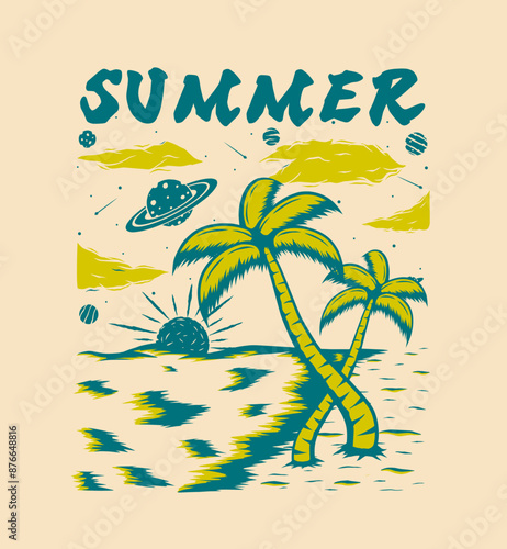 summer beach illustration vintage t shirt design, streetwear design, poster design, totebag design