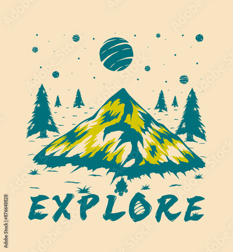 explore nature illustration vintage t shirt design, streetwear design, poster design, totebag design