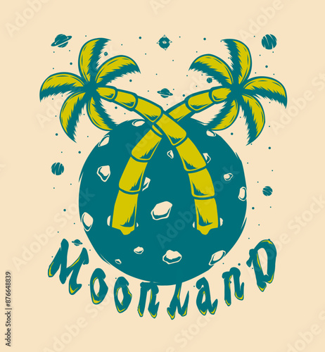 moon land illustration vintage t shirt design, streetwear design, poster design, totebag design
