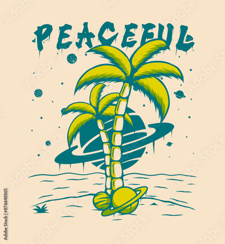 peaceful beach illustration vintage t shirt design, streetwear design, poster design, totebag design