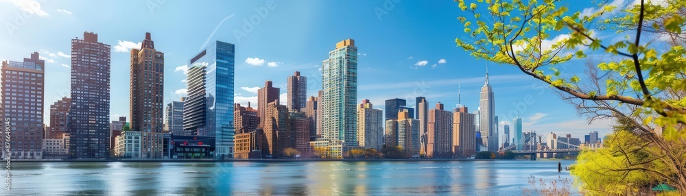 Panoramic view of New York City skyline with modern skyscrapers on a clear day, seen from across the river with green foliage in the foreground. Panoramic view of New York City skyline with modern skyscrapers on a clear day, seen from across the river with green foliage in the foreground.