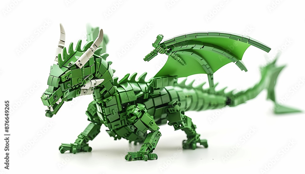 Fototapeta premium Plastic toy Green dragon assembled from pieces of construction