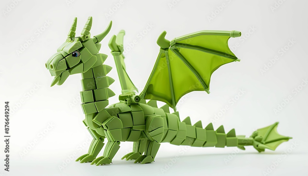 Fototapeta premium Plastic toy Green dragon assembled from pieces of construction