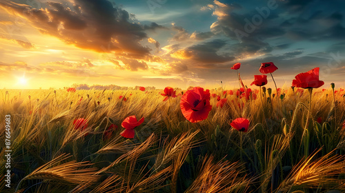 Red poppies swaying in a golden wheat field under a vibrant sunset, with a gentle breeze creating waves of color