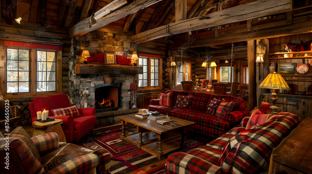 Rustic Cabin Retreat with Wood Beam Ceilings and Plaid Sofa Rustic Cabin Retreat with Wood Beam Ceilings and Plaid Sofa