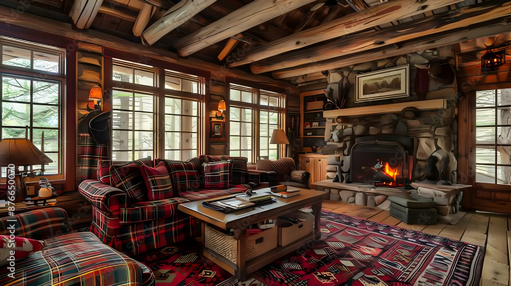 Rustic Cabin Retreat with Wood Beam Ceilings and Plaid Sofa Rustic Cabin Retreat with Wood Beam Ceilings and Plaid Sofa