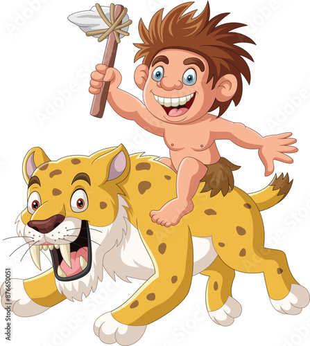 Cartoon happy young caveman riding sabre tooth tiger