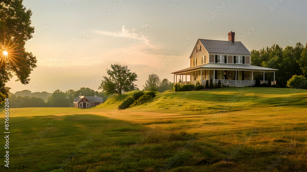 Rustic farmhouse exterior with a wraparound porch and a barn in the background, surrounded by rolling green fields at sunrise Rustic farmhouse exterior with a wraparound porch and a barn in the background, surrounded by rolling green fields at sunrise
