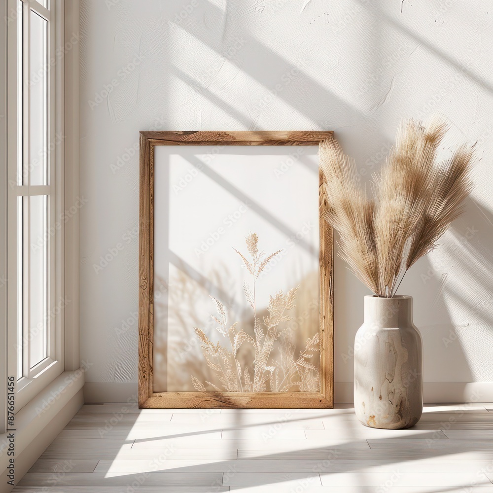 Light Gray and Beige Aesthetic: Wooden Frame Mockup on White Wall - Abstract Minimalism for Stylish Art Display Light Gray and Beige Aesthetic: Wooden Frame Mockup on White Wall - Abstract Minimalism for Stylish Art Display