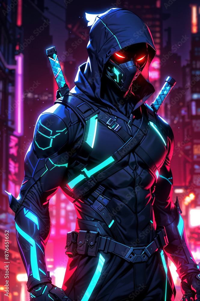 Fototapeta premium Neon Ninja, A modern-day ninja equipped with neon-lit weapons and attire