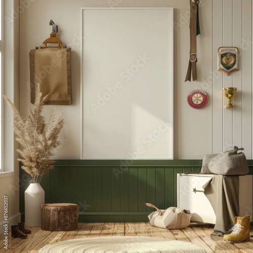 Empty White Vertical Poster Frame Mockup in Scout Girl's Room, Green and Brown Decor, Beige Wall