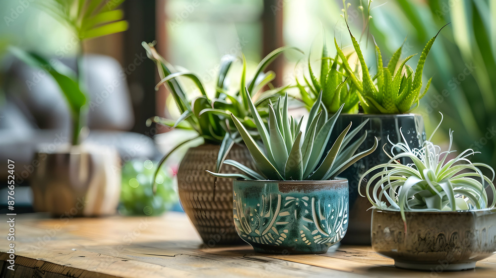 Stylish home garden interior filled with beautiful plants, succulents, cacti, air plant in beautiful design pots. Home gardening concept Stylish home garden interior filled with beautiful plants, succulents, cacti, air plant in beautiful design pots. Home gardening concept