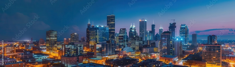 Obraz premium Stunning panoramic view of a city skyline at twilight with illuminated buildings against a colorful evening sky.