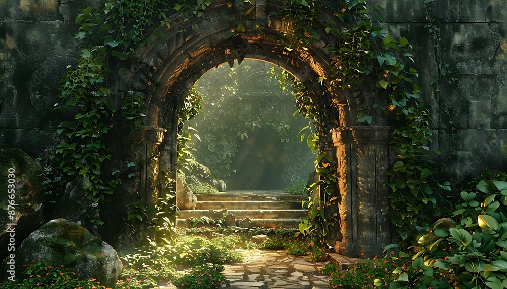 Spectacular fantasy scene with a portal archway covered in creepers. In the fantasy world, ancient magical stone gate show another dimension. Digital art 3D illustration. Spectacular fantasy scene with a portal archway covered in creepers. In the fantasy world, ancient magical stone gate show another dimension. Digital art 3D illustration.