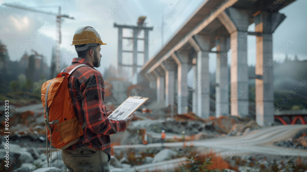 Construction worker with clipboard examining progress at a bridge construction site, highlighting infrastructure development and engineering. Construction worker with clipboard examining progress at a bridge construction site, highlighting infrastructure development and engineering.