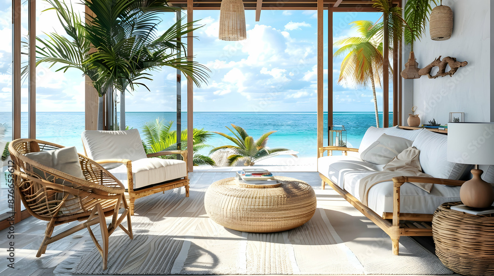 Obraz premium Tropical Interior Design. Bright Beach House Living Room with Rattan Furniture, Palm Plants, and Ocean Views