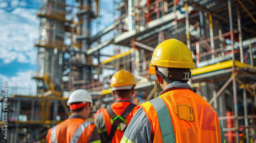 Construction workers in safety gear and helmets working on a building site, showcasing teamwork and industrial development. Construction workers in safety gear and helmets working on a building site, showcasing teamwork and industrial development.