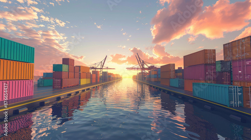 Wallpaper Mural Vibrant Sunset Over Shipping Containers at a Busy Industrial Port with Reflections on Water Torontodigital.ca